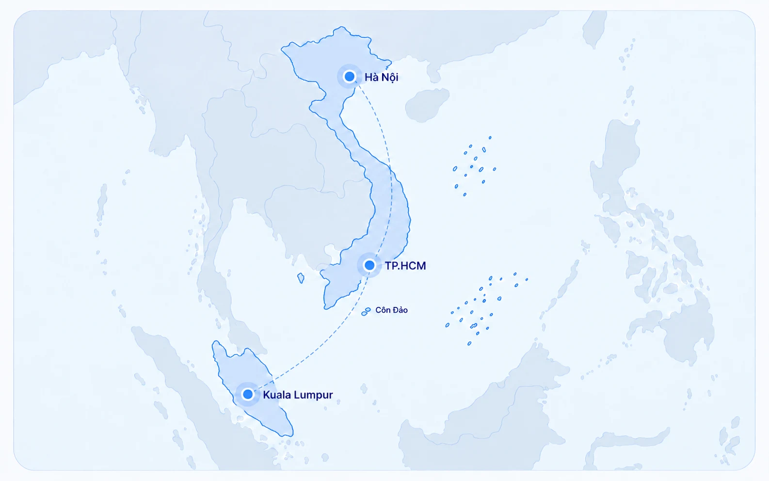 Bản đồ Đông Nam Á đánh dấu ba văn phòng INNOWEB tại Hà Nội, TP.HCM và Kuala Lumpur